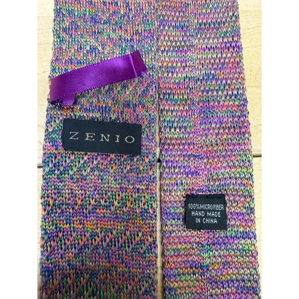 Zenio Mens Sq Tip Knit Tie Multicolor Purple Blue Green Microfiber 58in Office